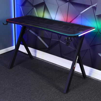 X-Rocker Lumio Compact RGB LED Gaming Desk with Space-Saving Design, Headphone Hook, Cup Holder, Sturdy Metal Frame, 110 x 55cm for Adults & Kids - Carbon Black - Mouse Mat Included