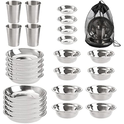 TOPZEA Stainless Steel Camping Plates and Bowls Set, Camping Mess Kits Camping Dish Set Tableware, Stainless Steel Dinnerware for Camping, Hiking, Picnic, RVs