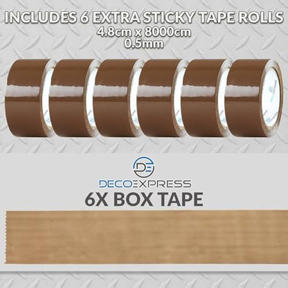 DECO EXPRESS Packaging Tape Dispenser Gun and 6 Rolls Parcel Tape Strong Brown Fragile Clear Heavy Duty for Packing Boxes Moving House Essentials (Dispenser Brown, 1 Pack)