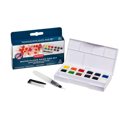 Derwent Watercolour Paint Pan 12 Set, Set of 12, Half Pan Size, Water-Soluble, Ideal for Painting, Professional Quality, Travel Size, 2306323