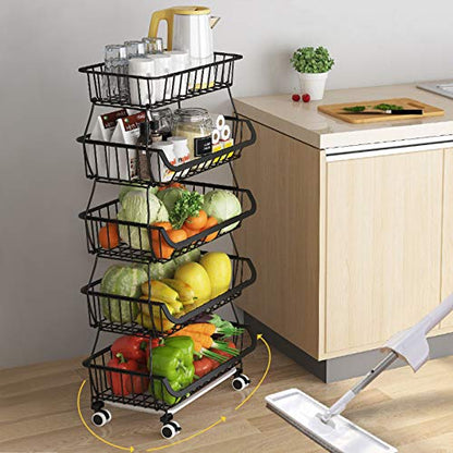 BRIAN & DANY 5 Tier Vegetable Storage Rack, Stackable Fruit Vegetable Stand with Lockable Casters and 5 S-Hooks for Kitchen, Pantry, Bathroom, Garage