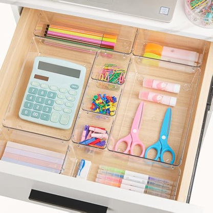 Vtopmart 28 PCS Clear Plastic Drawer Organizers Set, 4-Size Bathroom and Vanity Drawer Organizer Trays, Acrylic Storage Bins for Makeup, Cosmetic, Kitchen Utensils