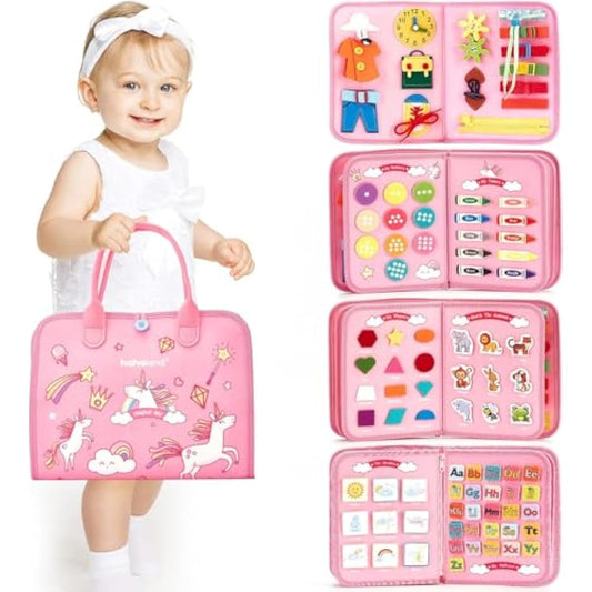 Hahaland Montessori Busy Board for Children of 3+ Years Old, Activity Sensory Book Offers Preschool Educational Skill Learning, Quiet Travel Toys for Plane Car, Birthday Gifts for Girls - Pink Unicorn
