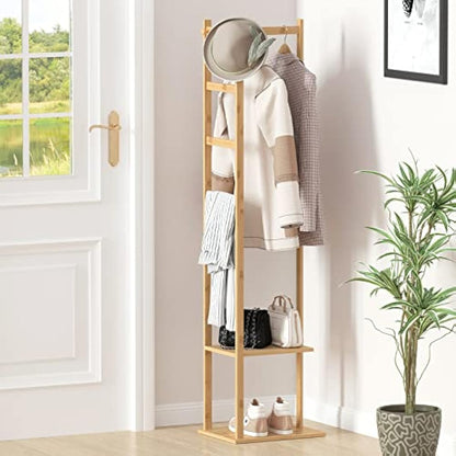 unho Bamboo Clothing Rack, Corner Coat Rack Stand Hall Trees Free Standing Clothes Hanging Rail Garment Rack with 2 Shelves 3 Hanger Hooks and Pants Hanger for Entryway Bedroom Living Room