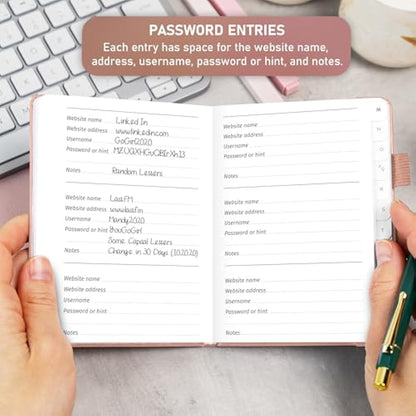 GoGirl Password Book with Alphabetical tabs – Internet Address & Password Keeper Logbook for Password Organization, Journal Notebook for Saving Website Logins. Small Size 11 x 14.5cm - Rose Gold