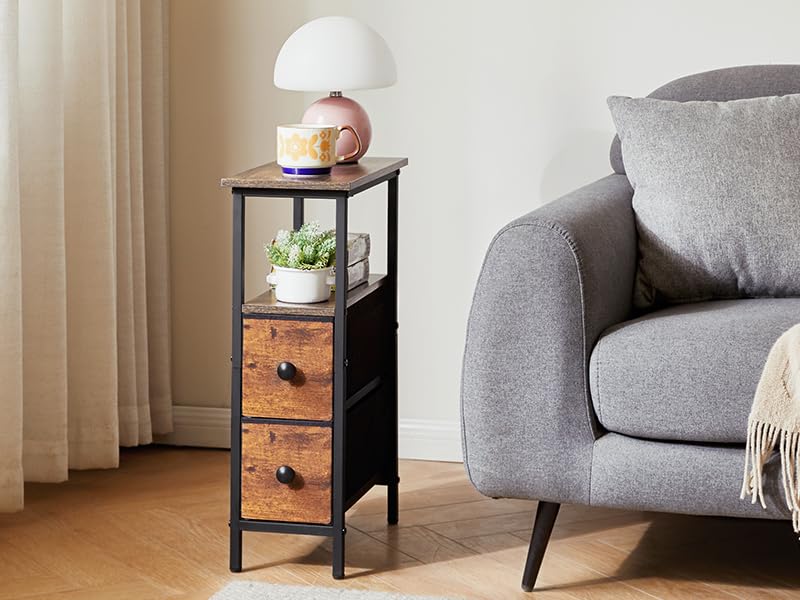 YMYNY Narrow Side Table, Slim Bedside Table with 2 Fabric Drawers, Nightstand for Small Spaces