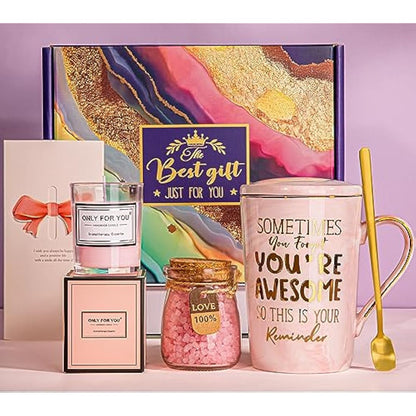 Birthday Gifts for Women Pamper - Inspirational Thank You Gifts for Her, Relaxation Spa Gift Hamper for Ladies, Self Care Bath Set with Scented Candle, 14oz Coffee Mug, Greeting Card, Elegant Gift Box