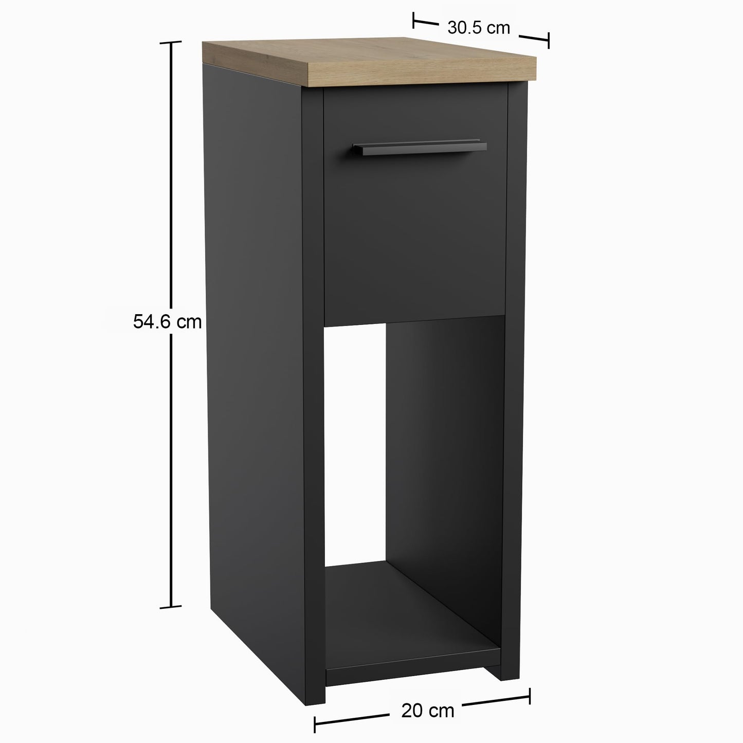 ComfortCove Narrow Bedside Table with Storage Shelf & Handle, Black/Oak