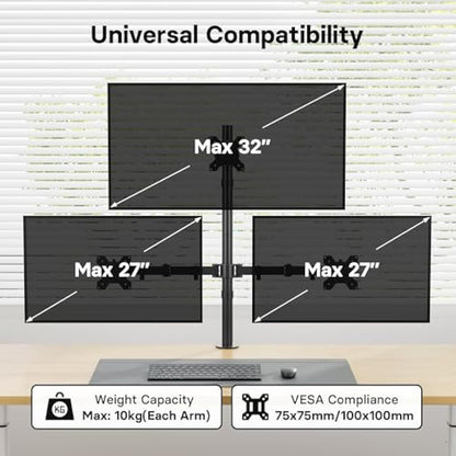 Bontec Monitor Halterung 3 Monitore, Höhenverstellbar, 360° Drehbar, Für 27-32 Zoll Monitore, Max. 30kg Pro Arm, Zwei Installationsoptionen, Für Büro und Gaming, VESA 75x75/100x100mm