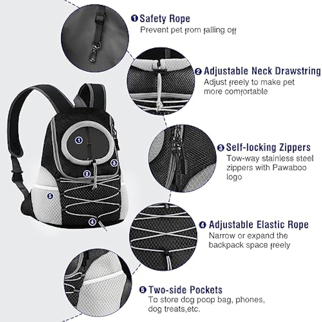 Pawaboo Pet Dog Carrier Backpack, Puppy Dog Travel Carrier Front Pack for Small Medium Dogs Cats, Adjustable Breathable Dog Carrying Backpack with Safety Strips for Hiking Travel Outdoors, Black M