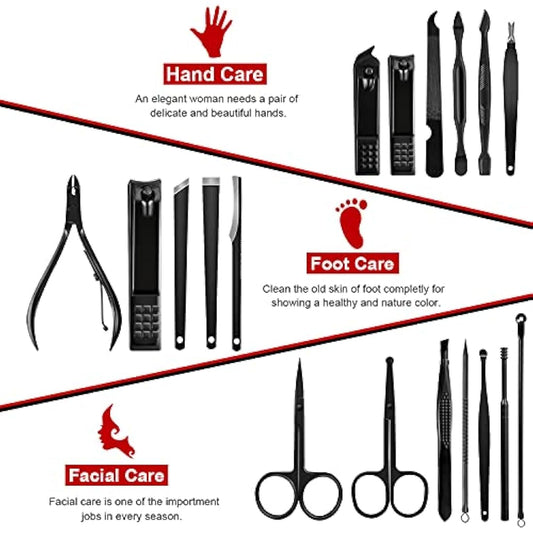 Keiby Citom Manicure Set 18pcs Professional Nail Clippers Kit Pedicure Care Tools-Stainless Steel Grooming Tools With Rose Gold PU Leather Case for Travel & Home (Black/Red)