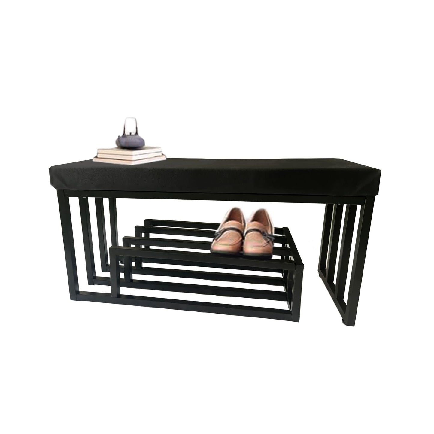 Nonotse Shoe Rack Bench With Seating Area, Metal Black Shoe Rack Hallway Bench With Storage Space For Living Room, Hallway, Entrance Area, 80x30x45cm