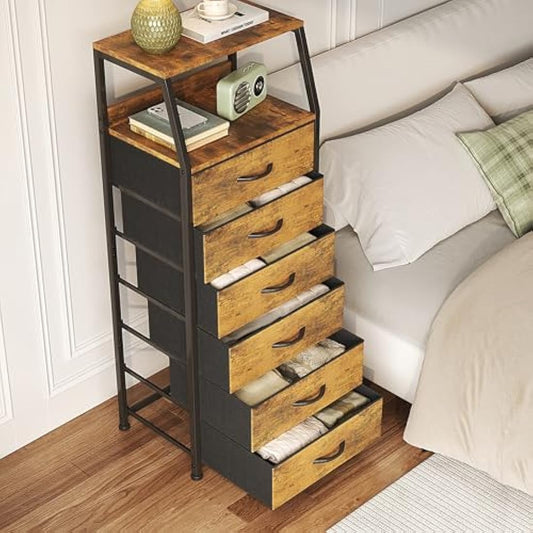 CAIYUN Chest of Drawers Bedroom with 6 Drawers, Tall Fabric Dresser with Shelf, Fabric Dresser for Entryway Hallway Living Room, Closet Storage Drawer, Rustic Brown