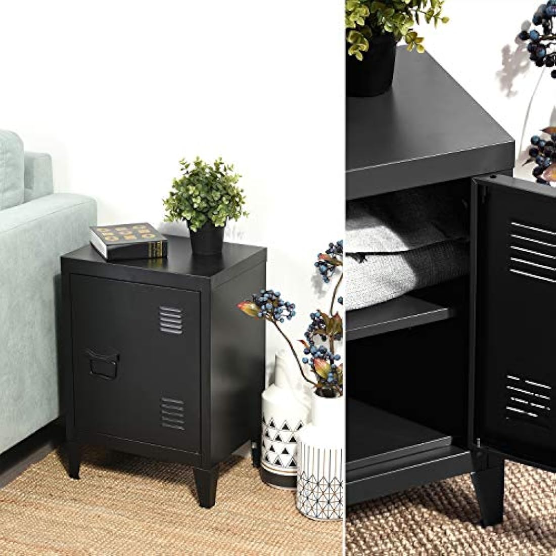 Homybec Single Metal Locker Storage Cabinet 1-Door, Scandinavian Free Standing 2 Tier Shelves Bedside Nightstand Cupboard for Home Office Study Bedroom Living Room, Black