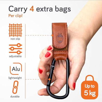 Baby Uma Leather-Style Buggy Clips (2 Pack) - Universal Pram Clips, Non-Slip Buggy Accessories, Carry 5 kg per Carabiner, Baby Travel Essentials (Camel)