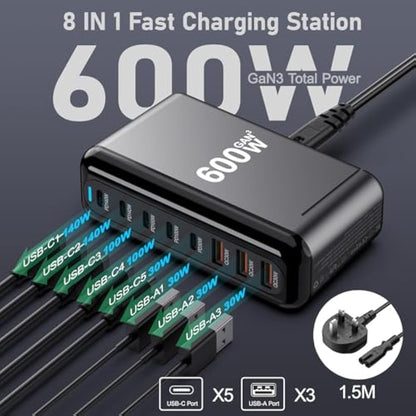 USB C Charger Block 600W 8 Port GaN3 Fast Charging Station Compatible with Laptop,ipad, iPhone 16/15/14/13 /12 Pro Max Fast Charge Pixel Note MacBook Pro/Air USB C Charger for Android