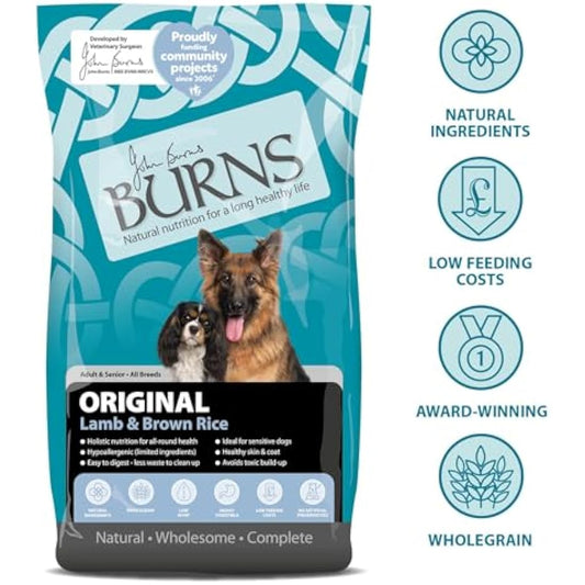 Burns Pet Nutrition Hypoallergenic Complete Dry Dog Food Adult and Senior Dog Original Lamb and Brown Rice 12 kg