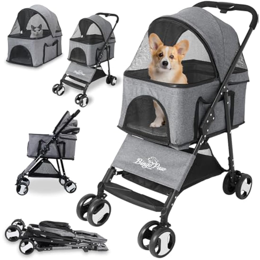 Bingopaw Pet Stroller, Foldable Dog Pram 4 Wheel Kitten Pram for Puppy and Cat with Detachable Blanket and Rain Cover as Gift Loads Up to 20KG