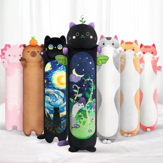 Mewaii 28in Long Devil Mint Cat Plush Pillows Stuffed Animals Squishy Pillows - Plushie Cute Kitty Sleeping Hugging Plush Pillow Soft Toys for Kids(Black)