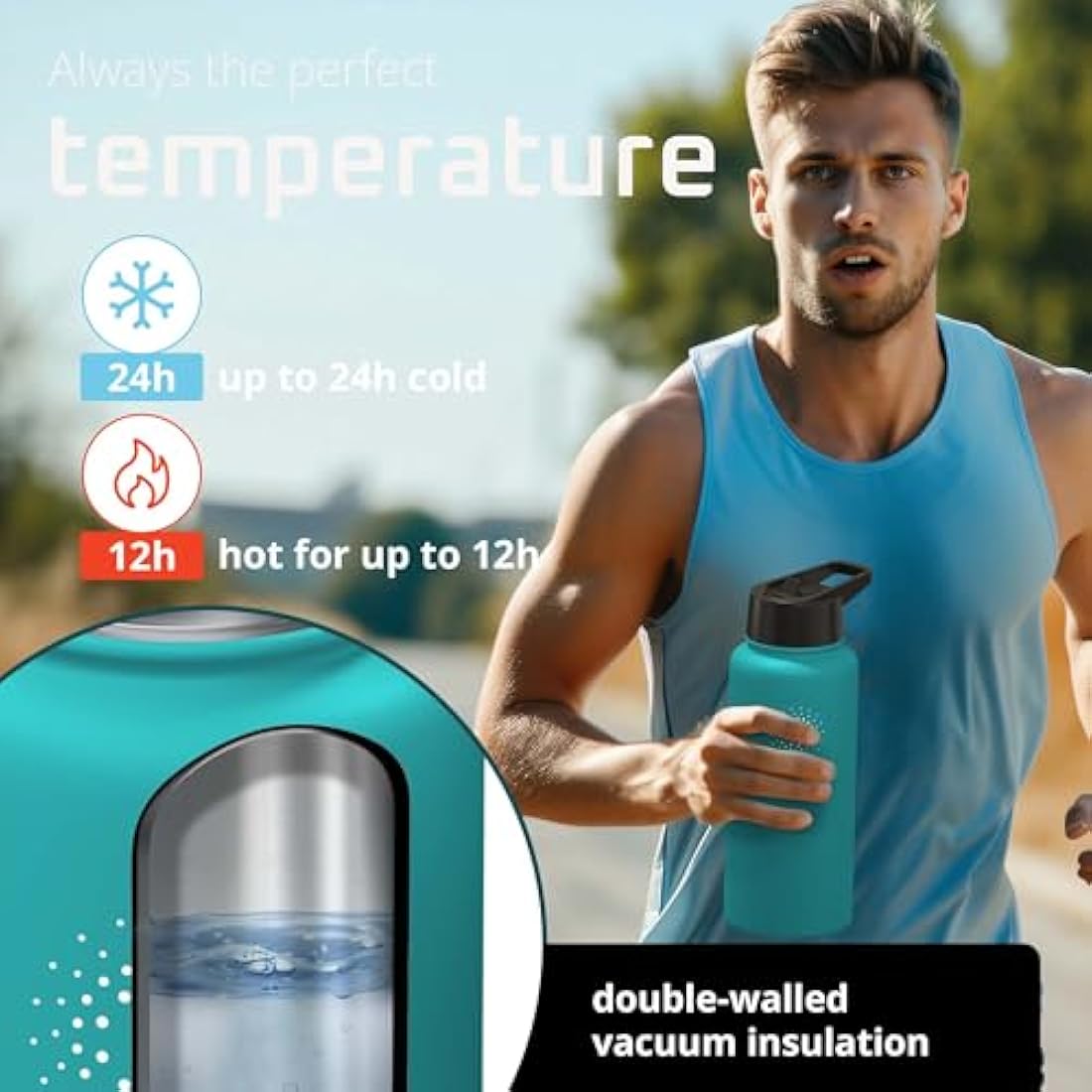 Stainless Steel Water Bottle with Straw & 3 Lids: 1 & 0,5L Leak-Proof BPA-Free Vacuum Insulated ACTIVE FLASK Drinking Bottles Hot Cold: Double Walled Outdoor Drink Thermo Mug Tea Coffee Sport Gym Bike