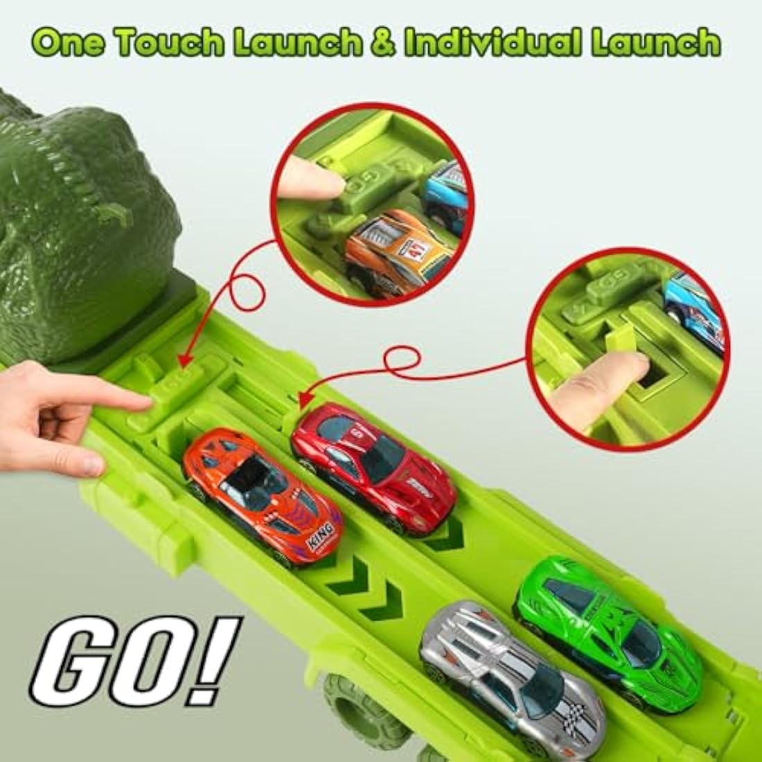 VATOS Transport Truck Toys for Boys Ages 3-8, Portable Dinosaur Race Track With 6 Cars Carrier Vehicle Set for Kids