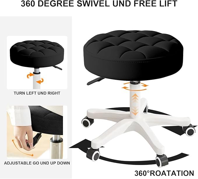 HNJZX Small Chair Round Rolling Stool with Wheels PU Leather Height Adjustable Swivel Stool Drafting Work Tatto Massage SPA Salon Stools Home Office