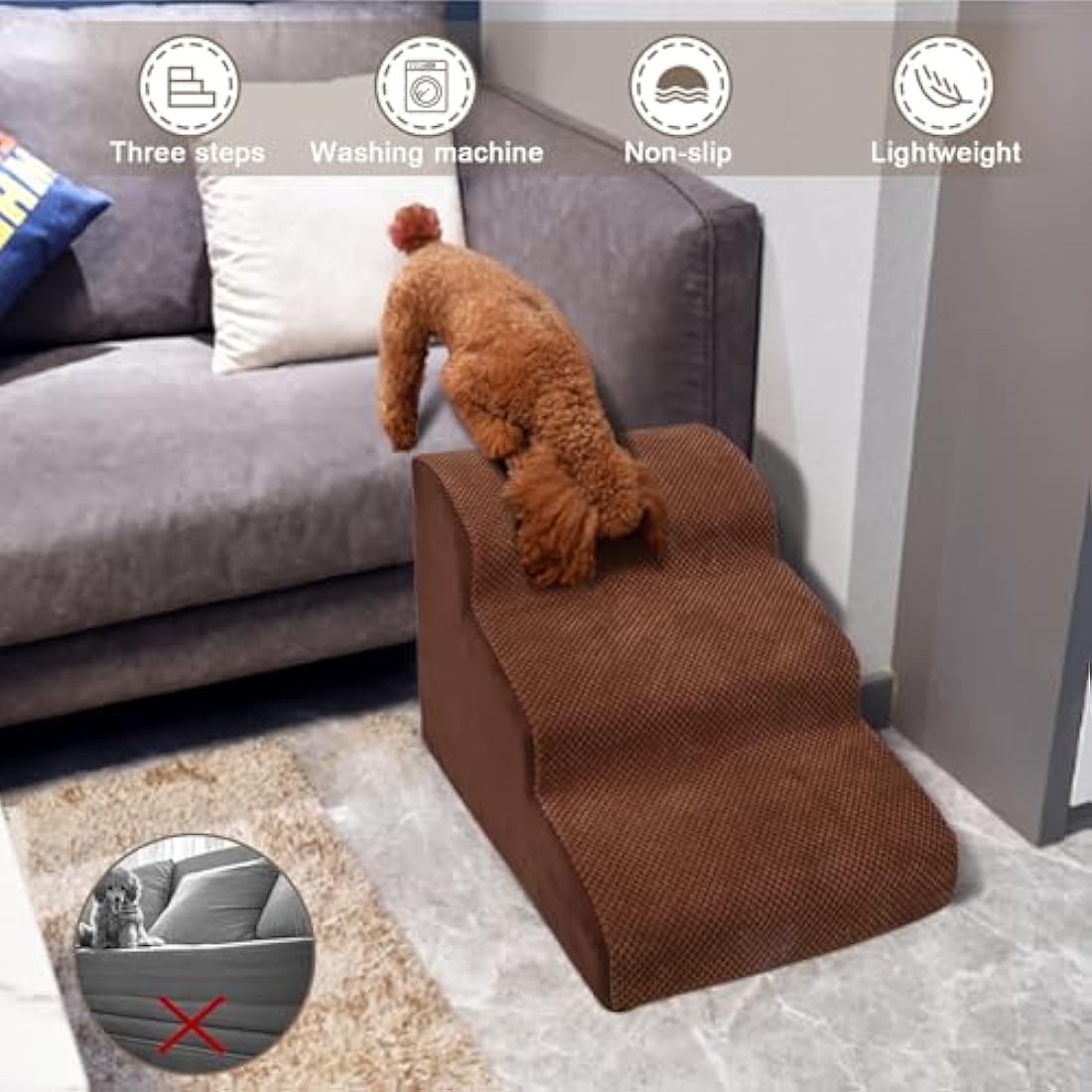 Masthome Dog Steps for Bed Sofa, 3-Step Dog Stairs with Washable Cover, Non-slip High Density Foam Dog Ladder for Small Dogs Cats, 57 x 40 x 40cm