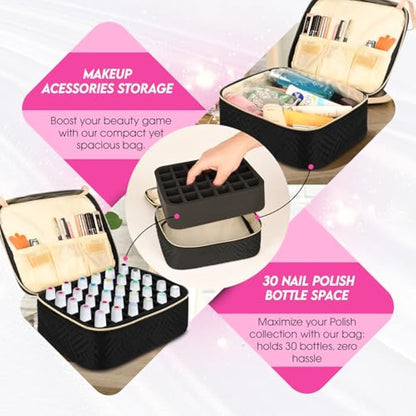OBSESSIONS BY NYDA Nail Polish Organiser Bag, Perfect Storage for 30 Bottles, Travel Storage Carry Case for Nail Polish and Accessories Fitted with Removable Foam Holder – Black