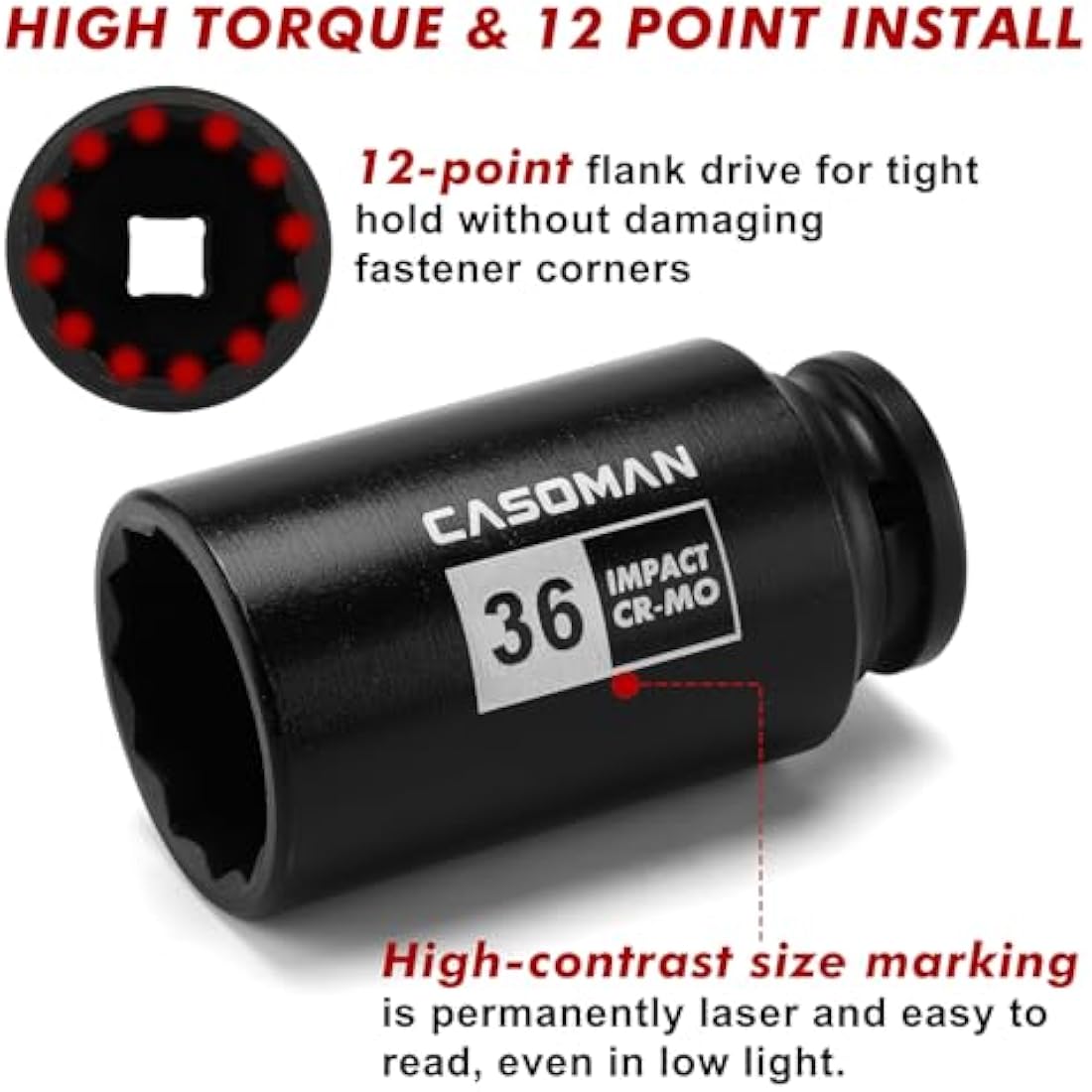 CASOMAN 4 Pieces 1/2" Dr. Heavy Duty Impact Socket Set, 12-Point, Metric, CR-MO, 30,32,34,36mm, 1/2-Inch Drive Deep Spindle Axle Nut Impact Socket Set