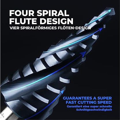 toolant Four Spiral Flute Cobalt Step Drill Bit(Pro Max), 4-22mm Impact Ready Four Spiral Flutes Unibit Step Bit, 1/4" Hex Shank Unibit for Metal, Stainless Steel, Aluminum, Wood, Plastic