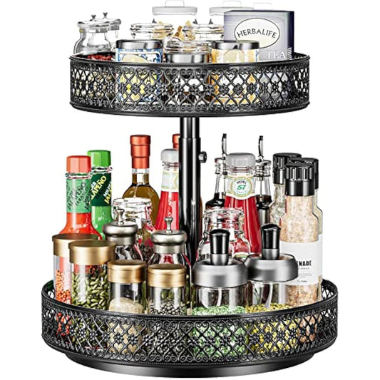 Lazy Susan Organizer 2 Tier - Turntable Spice Rack 12 inch Adjustable Metal Rotating Lazy Susan for Cabinet Pantry Kitchen Countertop Dining Table Cupboard Bathroom Vanity Storage Black
