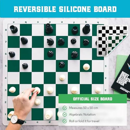 Best Chess Set Ever 3X Tournament Chess Set with Staunton Triple Weighted Pieces (10.3 cm King) for Adults & Kids – Foldable Roll-up Double-Sided 50x50 cm Silicone Board Mat, Ideal for gifting