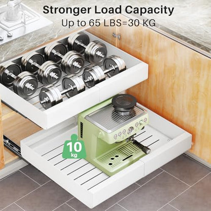 Kitstorack Pull Out Cabinet Organizer, Extendable Slide Out Drawer Storage Shelves for Kitchen Cupboard with Adhesive Film, Roll-Out Sliding Drawer