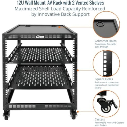 Tecmojo 12U Open Frame Network Rack, 19" Compatible, Floor Standing and Wall Mountable, with 2x 1U Server Shelf & Mounting Hardware, AV & IT Equipment Rack for for Office/Home