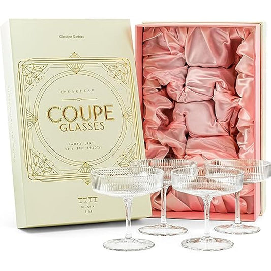 Vintage Art Deco Coupe Glasses | Set of 4 | 200 ml Classic Cocktail Glassware for Champagne, Martini, Manhattan, Cosmopolitan, Sidecar | Crystal Speakeasy Style Saucer Goblets with Stems