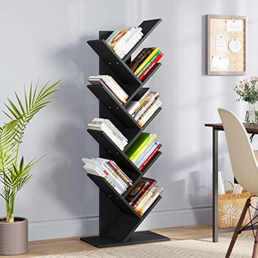 YITAHOME Tree Bookshelf, Floor Standing Book Shelf, Tall Industrial Wooden Shelves Bookcase, Display Storage Shelving Units for Living Room Home Office - Black Bookshelf