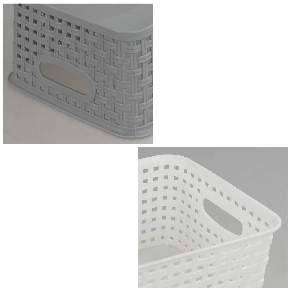Dynko Plastic Weave Rattan Storage Basket, 6 Packs, Grey White