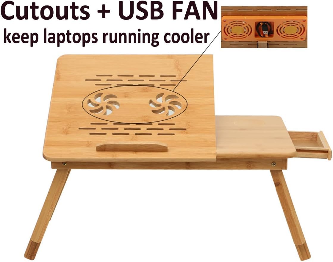YANGHX Bamboo Adjustable Laptop Desk with Cooling Fan, Laptop Stand with Adjustable Trays, Small Drawer
