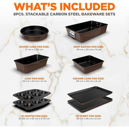 NutriChef Baking Tray Set, Stackable Bakeware Trays, Smart Space Stacking Baking Trays, 8 Pcs Non-Stick Oven Safe Baking Sets w/ Cookie, Loaf Pan, Pizza Pan, Muffin Tins, Cake Tin, Round/Square Pans