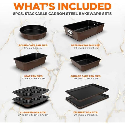 NutriChef Baking Tray Set, Stackable Bakeware Trays, Smart Space Stacking Baking Trays, 8 Pcs Non-Stick Oven Safe Baking Sets w/ Cookie, Loaf Pan, Pizza Pan, Muffin Tins, Cake Tin, Round/Square Pans