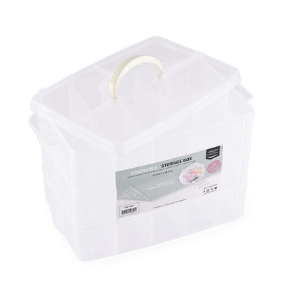 Vaessen Creative Plastic Storage Box with Lid 25x16,5x18,5cm - 3 Layers and 30 Adjustable Compartments of 5 x 8 x 5,5cm - Clear Organiser for Sewing