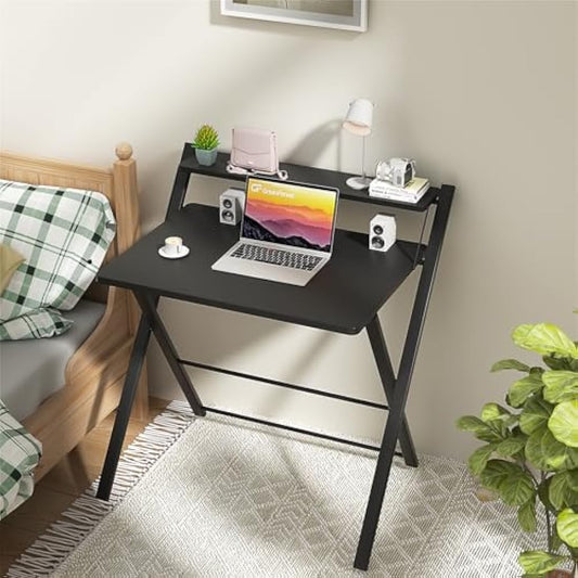 GreenForest Foldable Desk No Assembly Required,Small Desk with Monitor Shelf,Computer Desk for Small Space,Black
