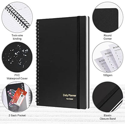 Daily Planner Undated, Asten to Do List Notebook Hourly Schedules Spiral Appointment Planner for Men and Women,PVC Hardcover,Elastic Closure, Inner Pocket 14.7 x 21.2cm (Black)