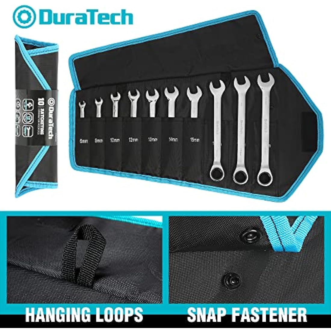 DURATECH 10-Piece Ratchet Combination Spanner Set, Fixed Head Open End Combination Wrench Set with Roll Pouch, Metric, 6-18mm, 12 Point, Cr-V Steel