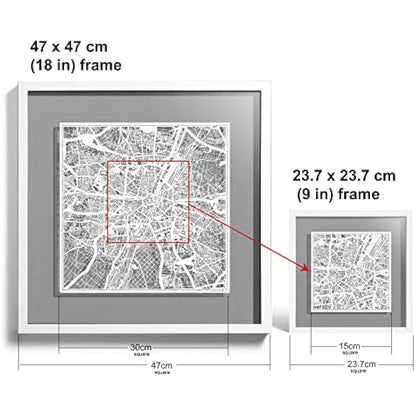 O3 DESIGN STUDIO Munich Marco de Papel para mapas, White map, White frame, 9x9 inches, Gift Boxed, 4 background color, self-changing, Paper Art