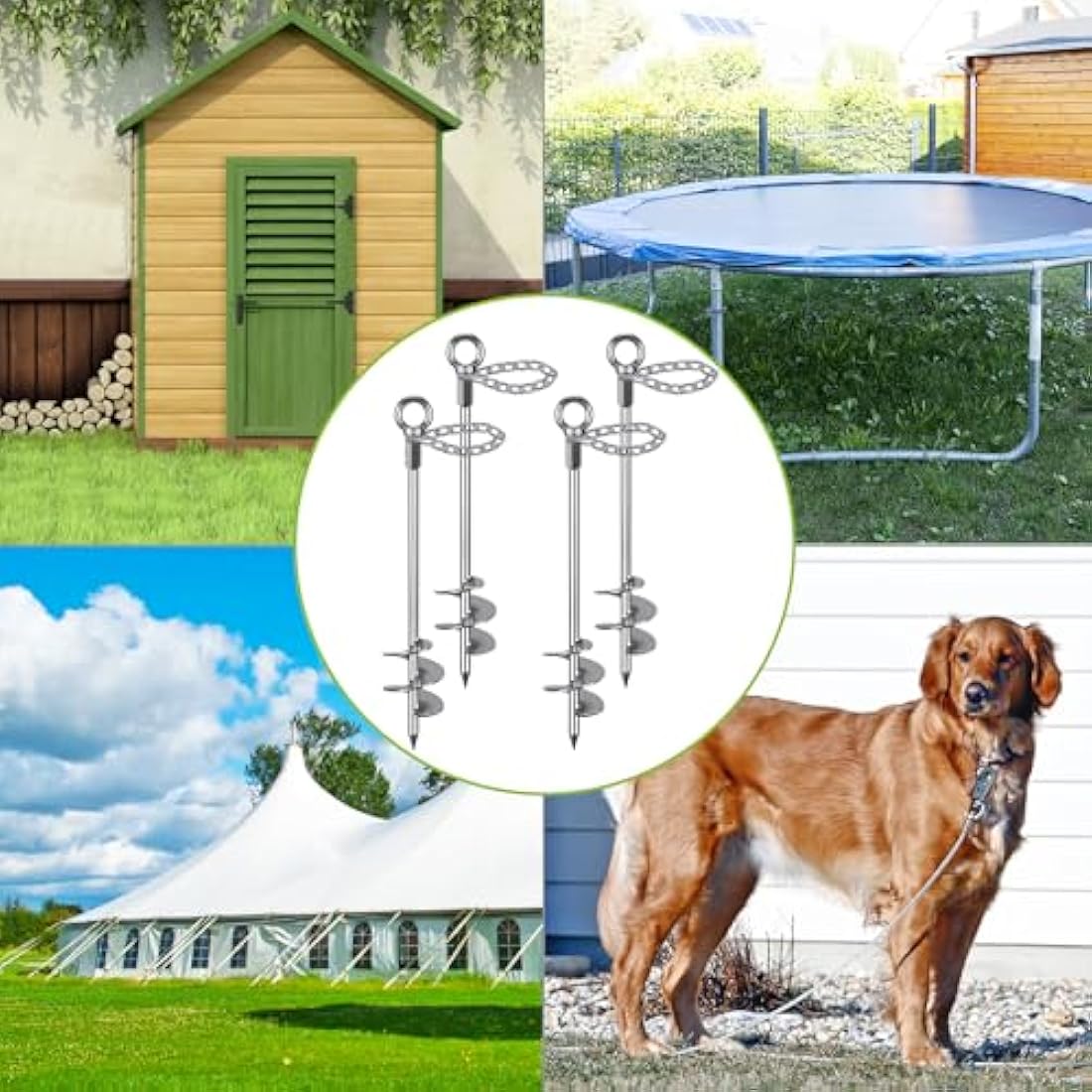 Insaga Tent Peg, 76cm Heavy Duty Ground Anchor Large Metal Earth Stake Spiral Blade Screw in Trampolines Spike for Swing Set/Camping/Shed/Dog/Carport with 37cm Fixed Chain, 4 Pack