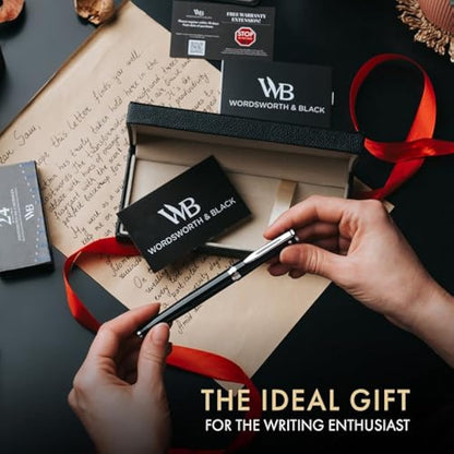 Wordsworth & Black Chrome Plated Chrome Black Calligraphy Fountain Pen Set with 24 Ink Cartridges, Piston Converter and Gift Box