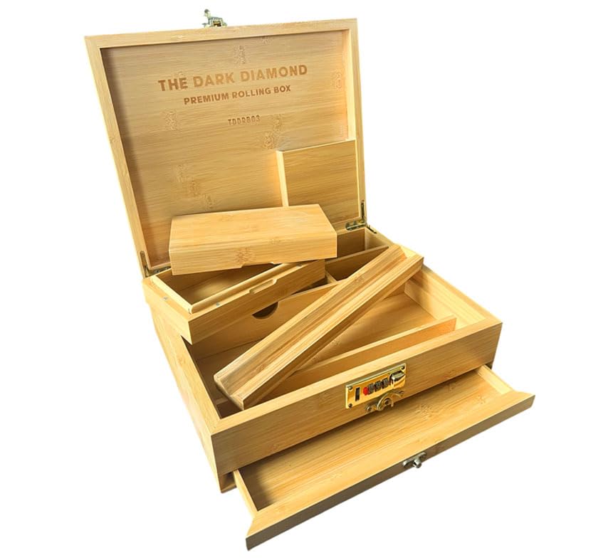 The Dark Diamond Roll Box Premium Smoking Accessories Storage Handcrafted Bamboo Wooden Stash Rolling Box Upgraded (Large - 30X25X10CM)