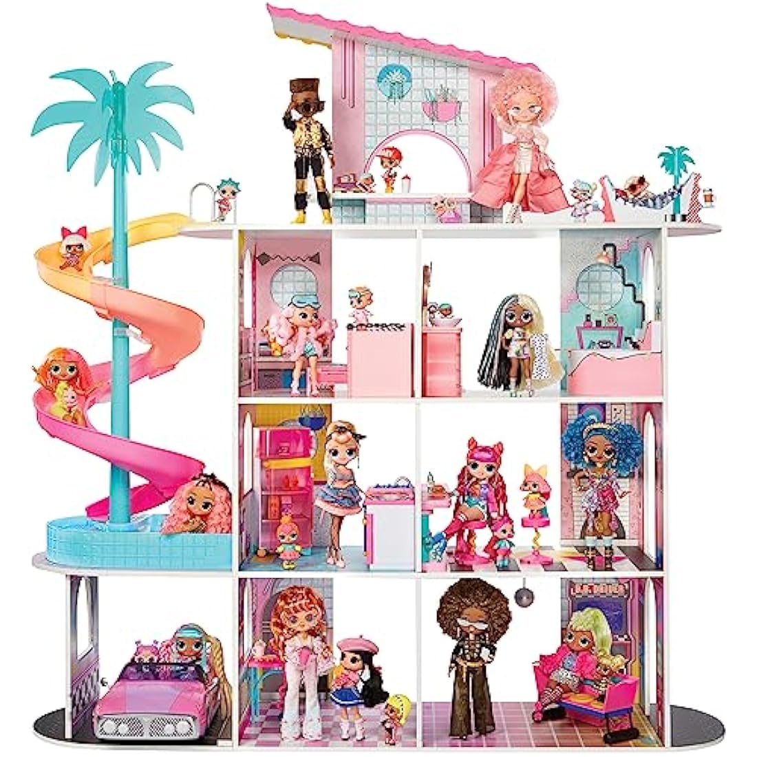 L.O.L. Surprise OMG Fashion House Playset with 85+ Surprises - Real Wood Doll House with Pool, Spiral Slide, Rooftop Patio, Cinema, Transforming Furniture, and more - Great for Kids Ages 4+