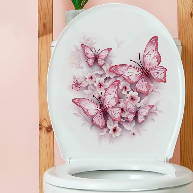 Pink Butterfly Flower Toilet Cover Sticker Decals,Fish Bird Flower Leaf Waterproof Toilet Lid Tank Seat Decals Cistern Self-Adhesive Bathroom Wall